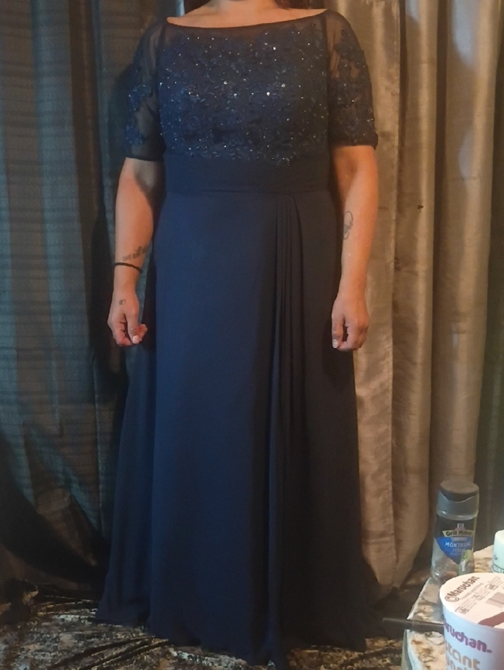 Beaded Navy Blue Maxi Dress with Sheer Sleeves